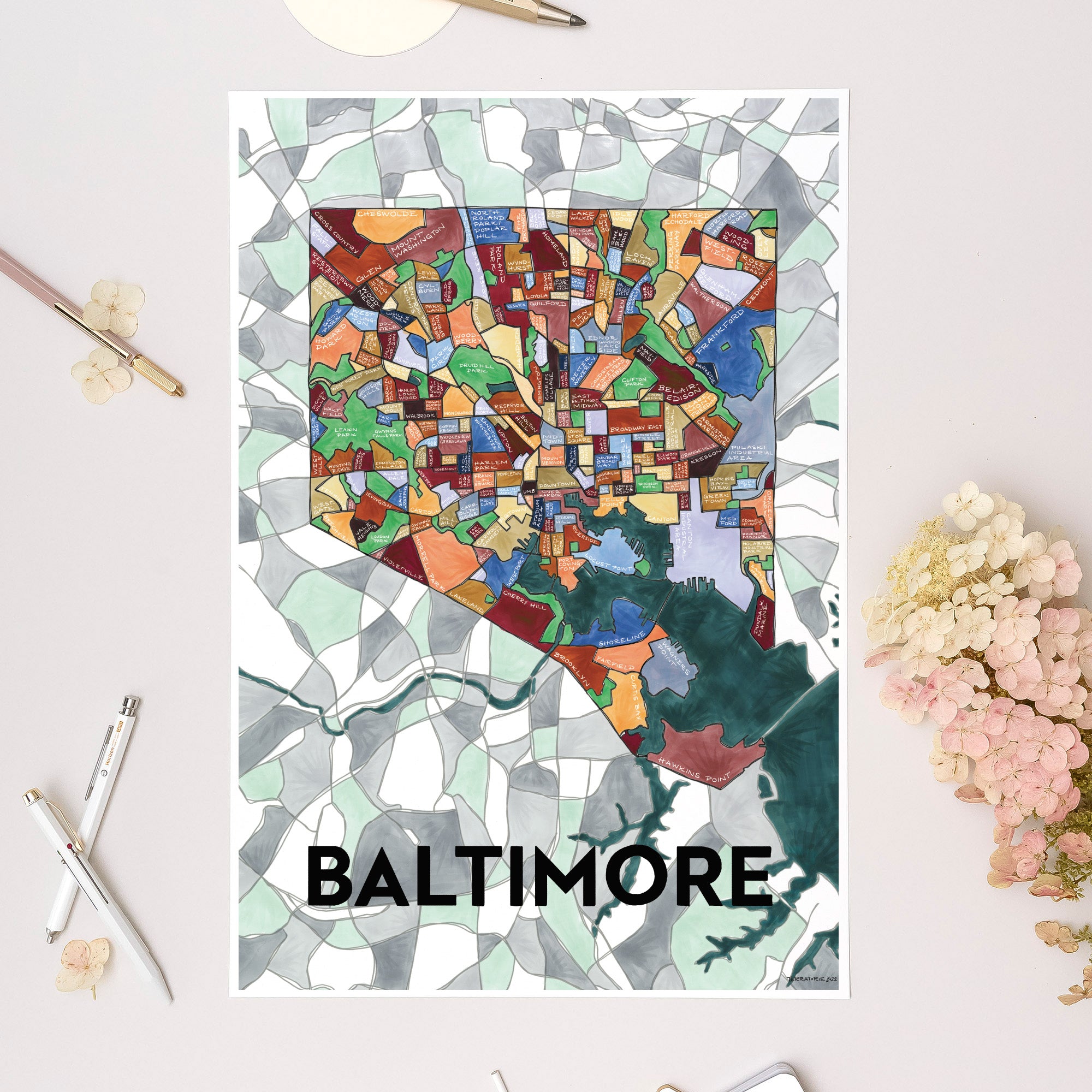 Baltimore Maryland Neighborhood Map Art Print 8x10 